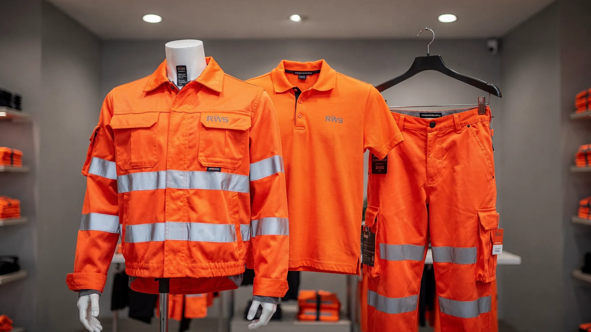 Een overzicht van fluorescerend oranje RWS veiligheidskleding, zoals een werkjas, werkbroek, polo en bodywarmer, netjes gepresenteerd in een professionele werkkledingomgeving met reflectiestrepen duidelijk zichtbaar.