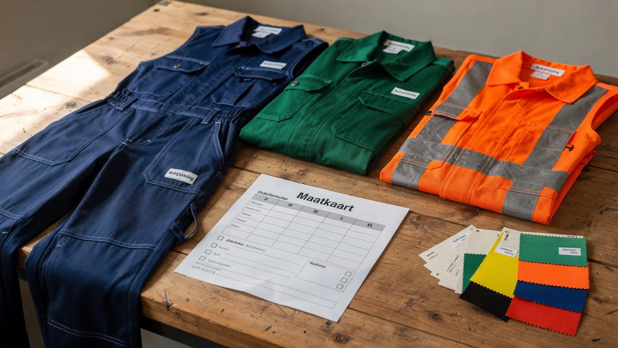 Een werktafel met verschillende professionele overalls in blauw, groen en fluo-oranje, naast een maatkaart, orderformulier en stofstalen voor zakelijke inkoopvergelijking.