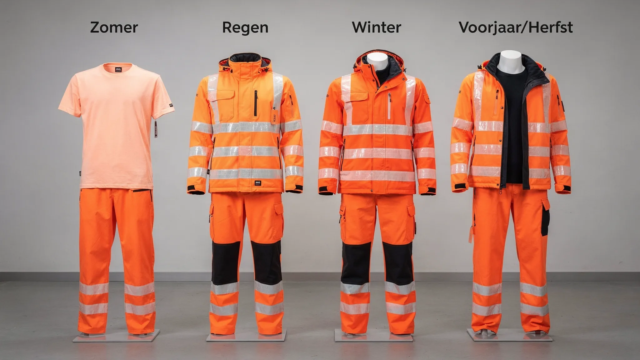 Vier seizoenssets RWS werkkleding naast elkaar, met lichte zomeritems, regenbescherming, warme winterjassen en praktische laagjes voor voorjaar en herfst. De kleding is fluo-oranje met reflectiestrepen en ligt overzichtelijk gepresenteerd in een professionele werkkledingomgeving.